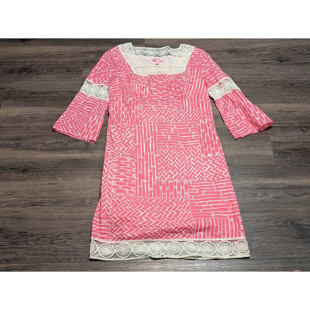 Lilly Pulitzer Pink Bamboo Print Crochet Lace Trim‎ Shift Dress XS Resortwear